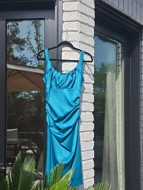 Suzi Chin Turquoise Satin Midi Dress